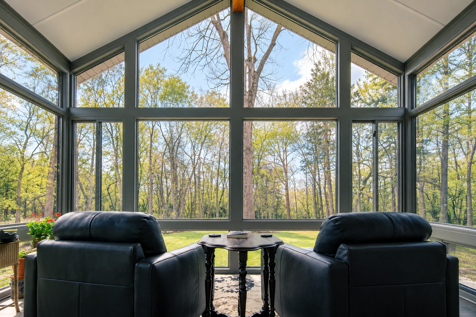 Four-season sunroom with vaulted ceiling, dark-framed windows, and two black recliners facing a wooded view.