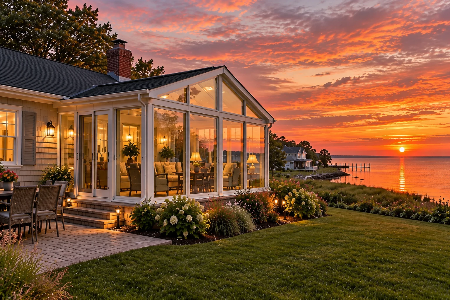 Glass-walled four-season sunroom glows beside a waterfront at sunset, with a gabled roof and outdoor seating.
