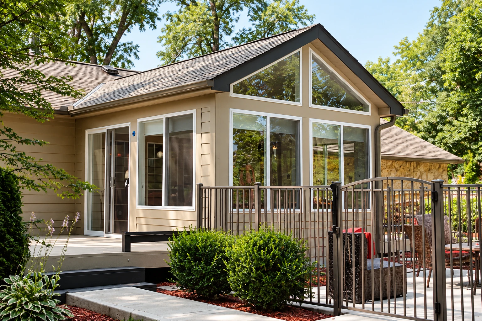 Custom sunroom with a peaked roof and broad windows, opening onto a raised deck and fenced patio.