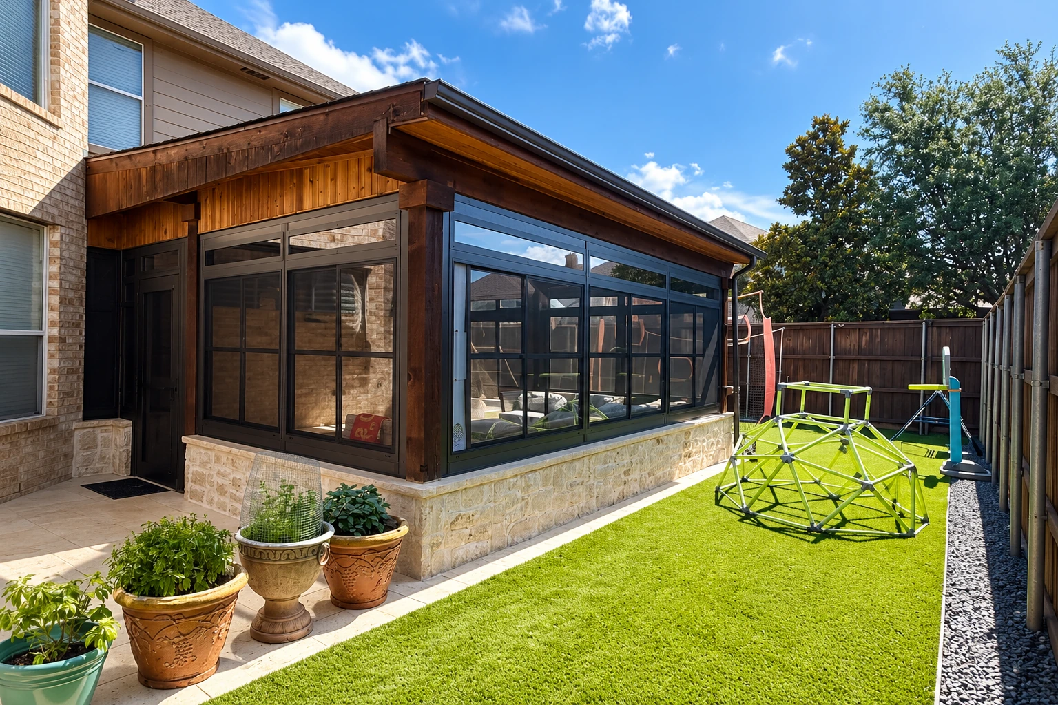 A custom sunroom with dark frames and timber trim extends from a brick house beside a fenced lawn.