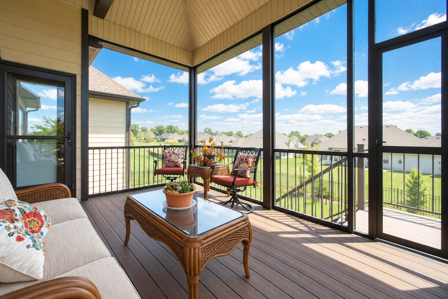 Screened-in deck conversion with dark framing, wicker seating and views of neighboring homes through wide openings.