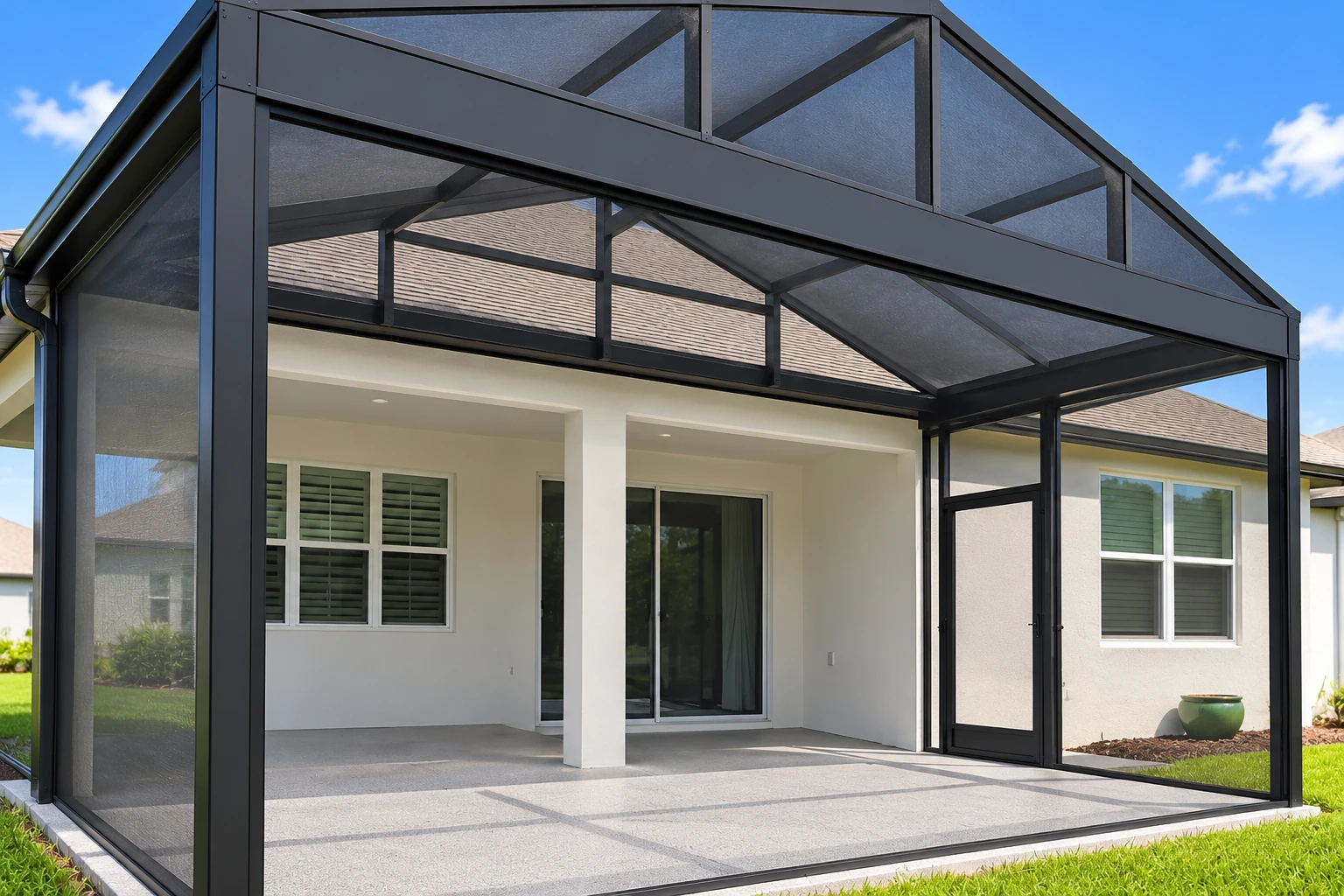 Screened patio enclosure with a dark metal frame and peaked roof attached to a white house.