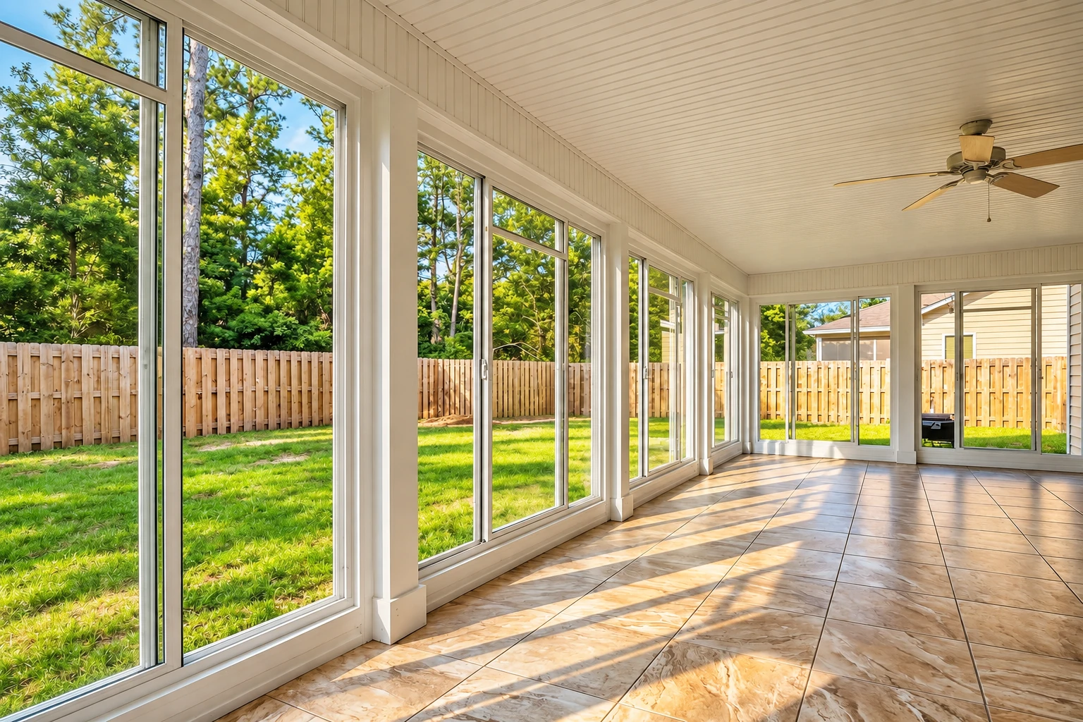 Bright enclosed patio room with tiled floor, white ceiling fan and floor-to-ceiling windows overlooking a fenced lawn.