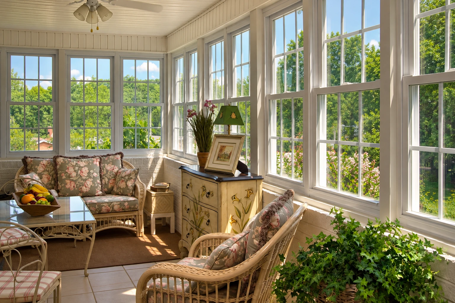 Bright four-season sunroom with white-framed windows, wicker seating, and a floral-patterned sofa.