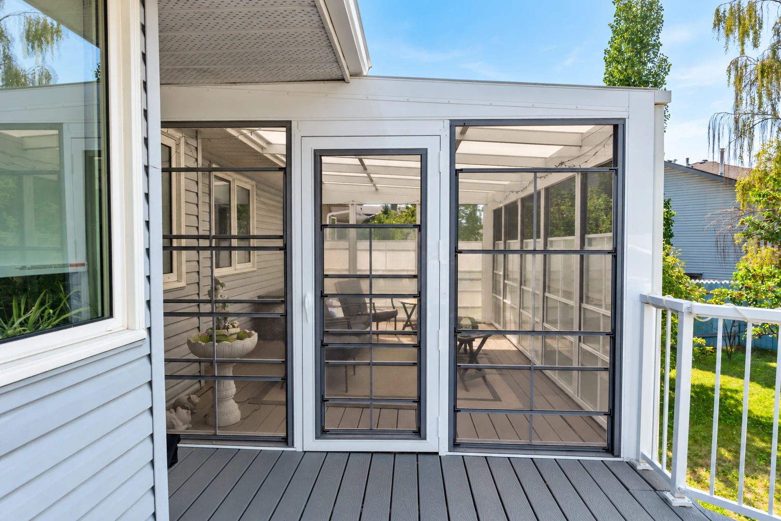 Screened patio enclosure with a central door, wide screened panels, and a gray deck.