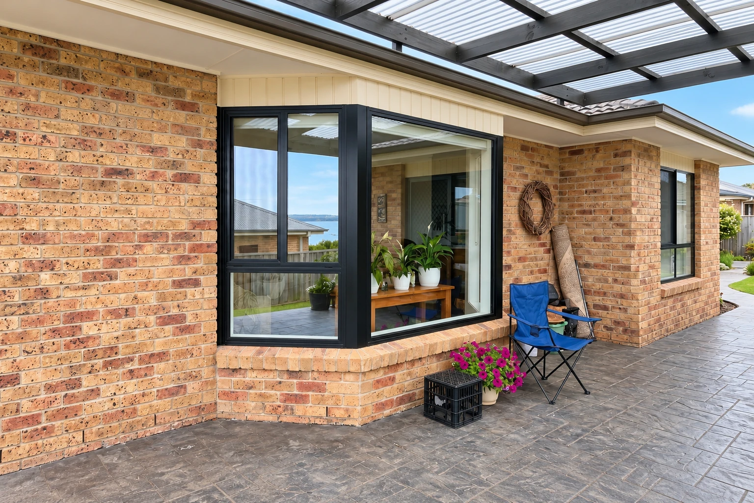 Brick patio converted to an enclosed sunroom with black-framed windows beneath a translucent roof.