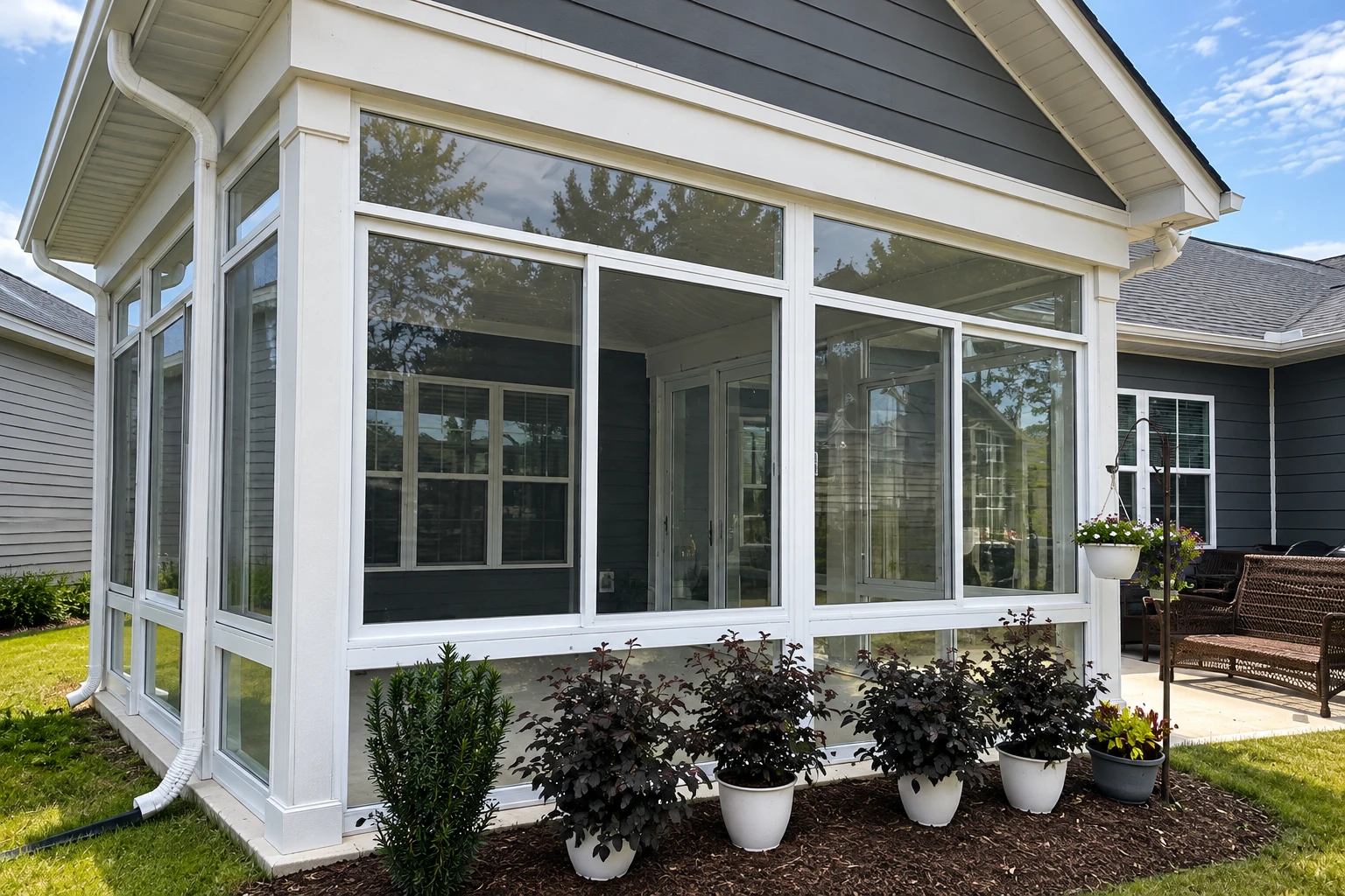 A white-framed glass sunroom encloses a patio beside a gray house, with potted shrubs along its base.