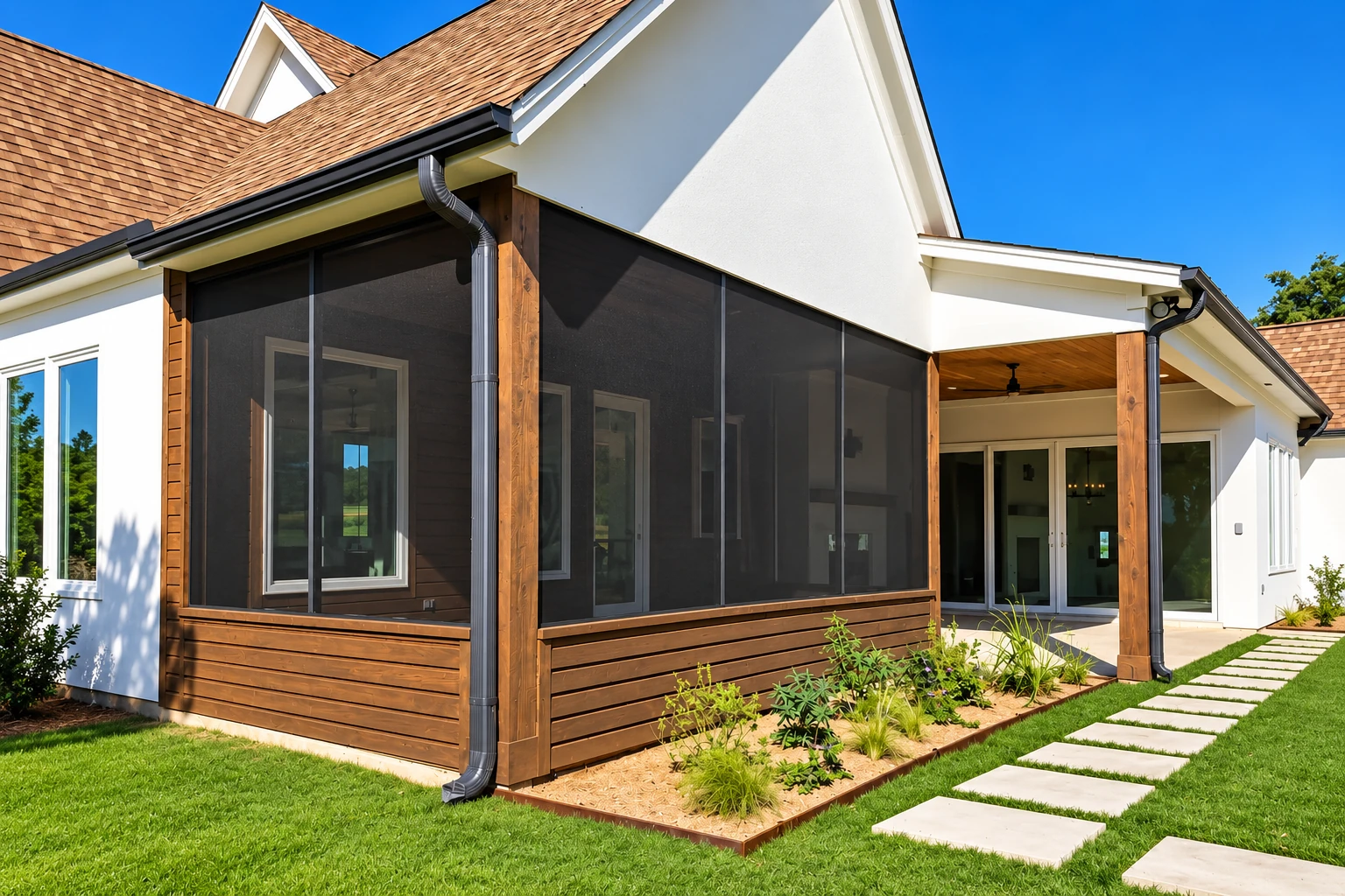 Exterior of a house with a dark-framed screened patio enclosure, wood trim, and a garden path.