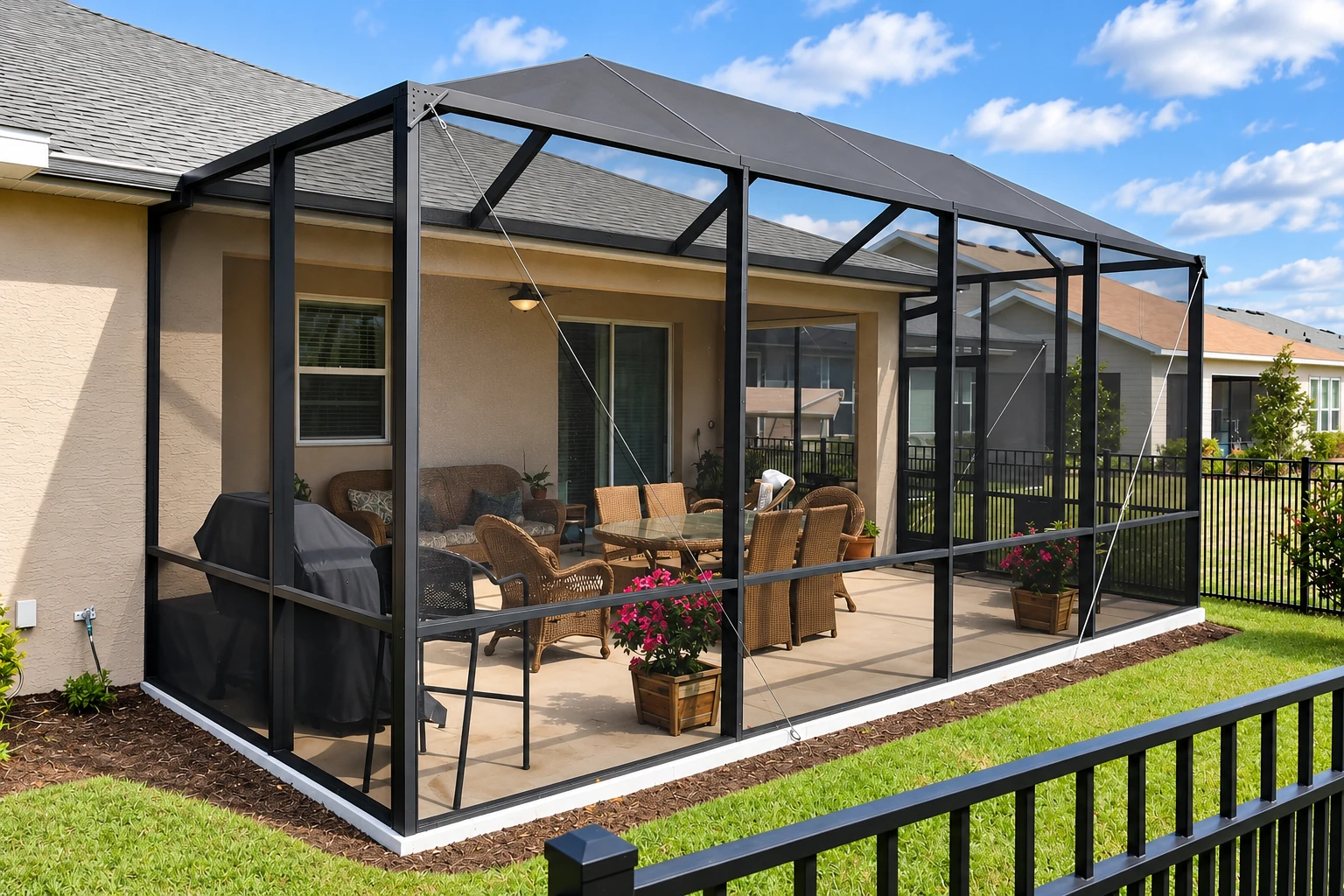 A black-framed screen room encloses a furnished patio beside a house, with a sloped canopy overhead.