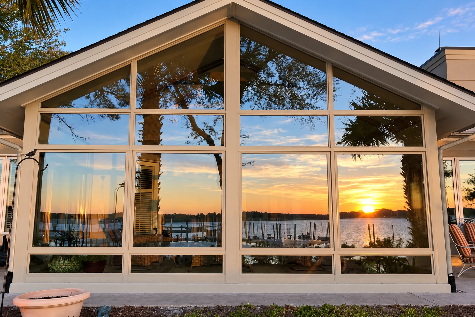 White-framed solarium with a peaked glass wall reflecting a sunset over the water.