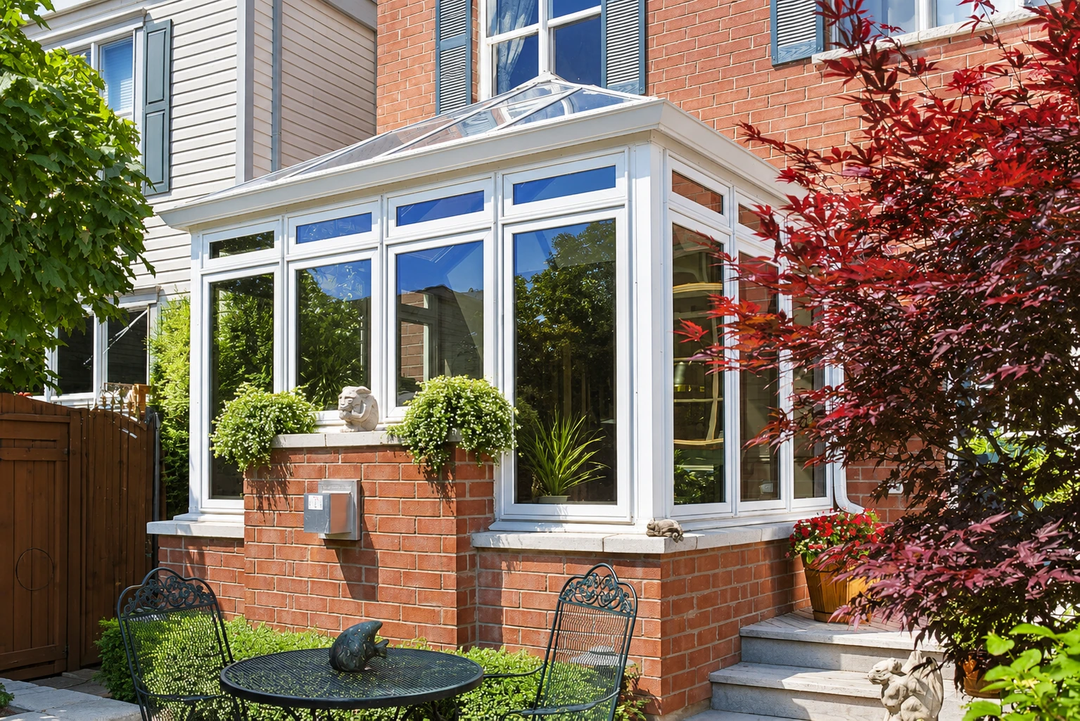 Solarium addition with white-framed glass walls and a sloped glass roof, set against a brick house.