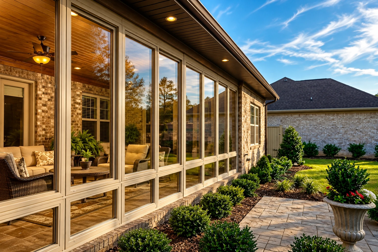 Sunroom addition with a long wall of floor-to-ceiling windows, brick exterior, and landscaped stone patio.