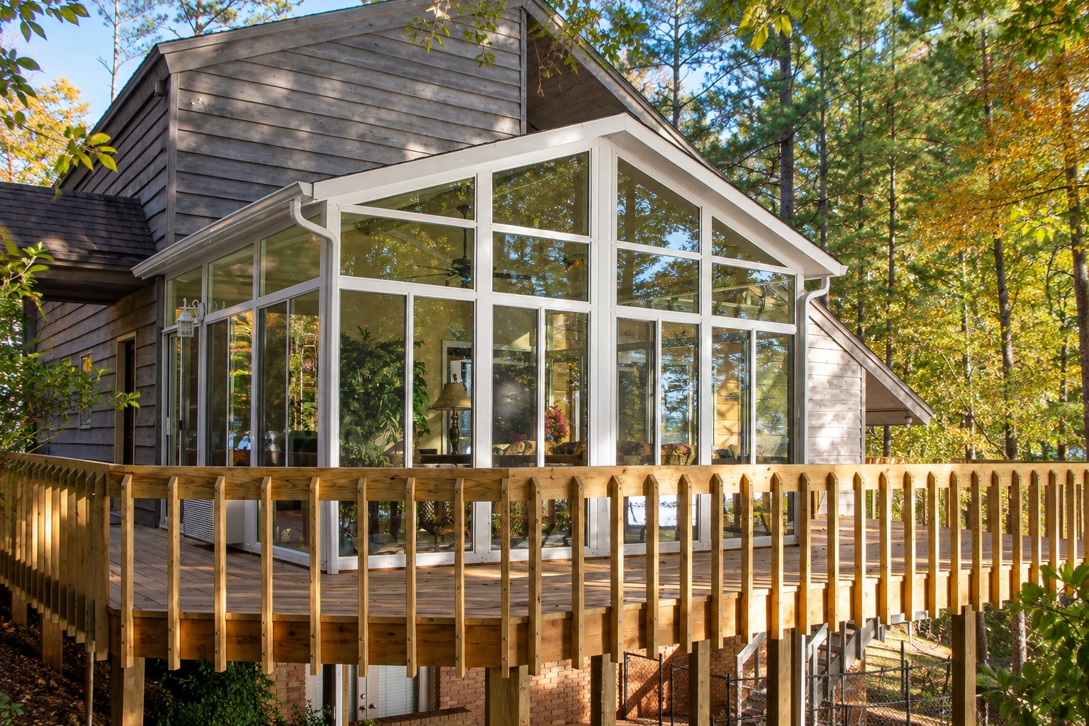 A white-framed glass sunroom with a peaked roof sits above a wooden deck among trees.