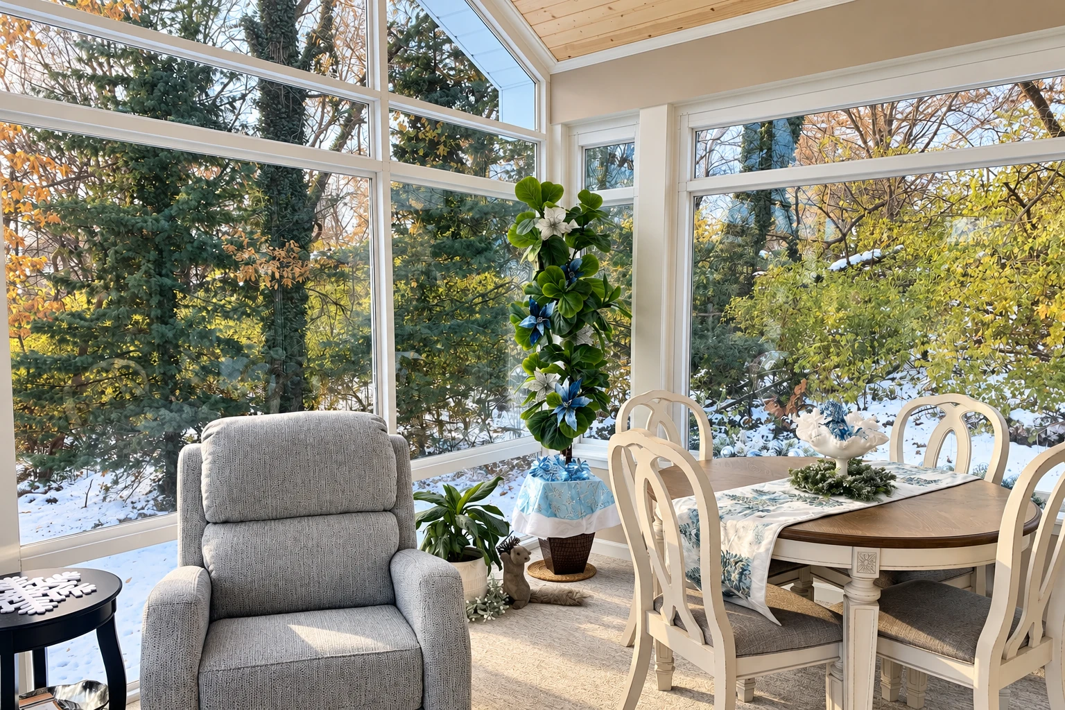 Bright sunroom with white-framed windows overlooking snowy trees, furnished with a gray recliner and a cream dining set.