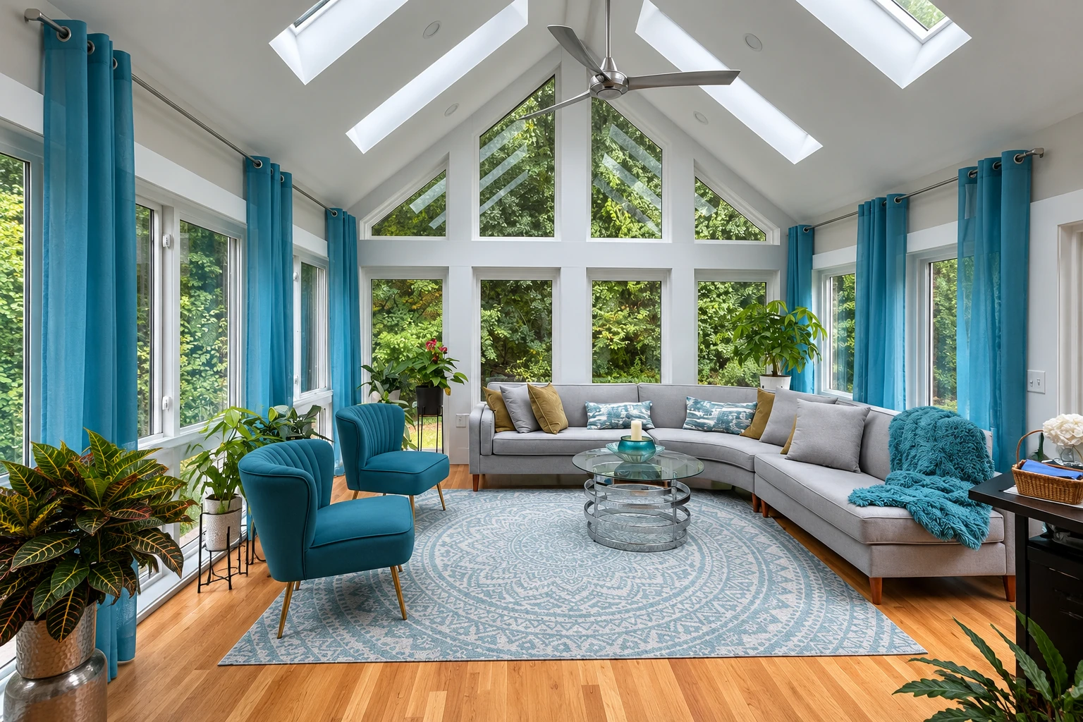 Bright sunroom with a vaulted ceiling, skylights, blue curtains, and a gray sectional arranged around a glass coffee table.