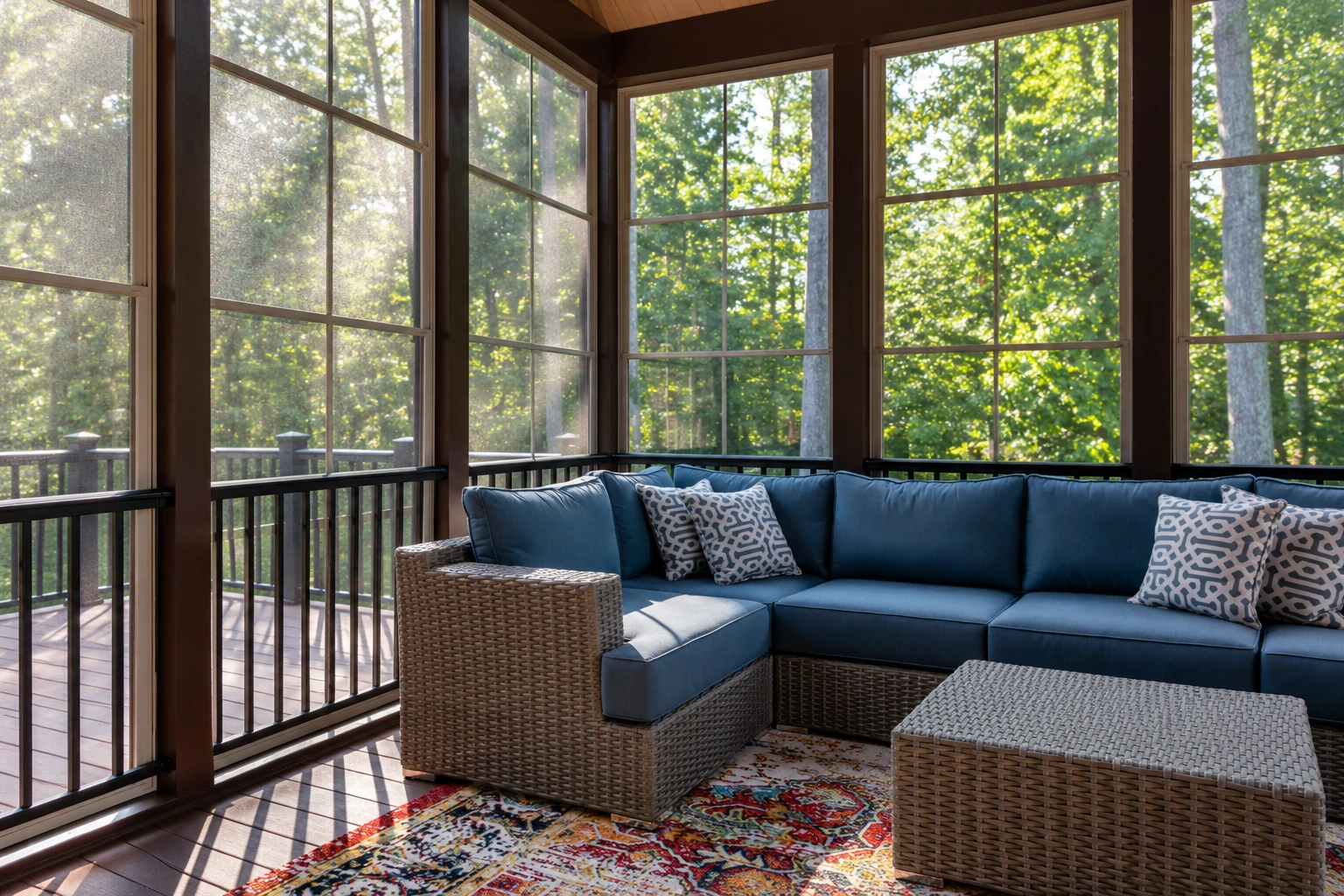 Screened sunroom with dark wood framing, a blue sectional sofa, and a colorful rug overlooking a leafy yard.