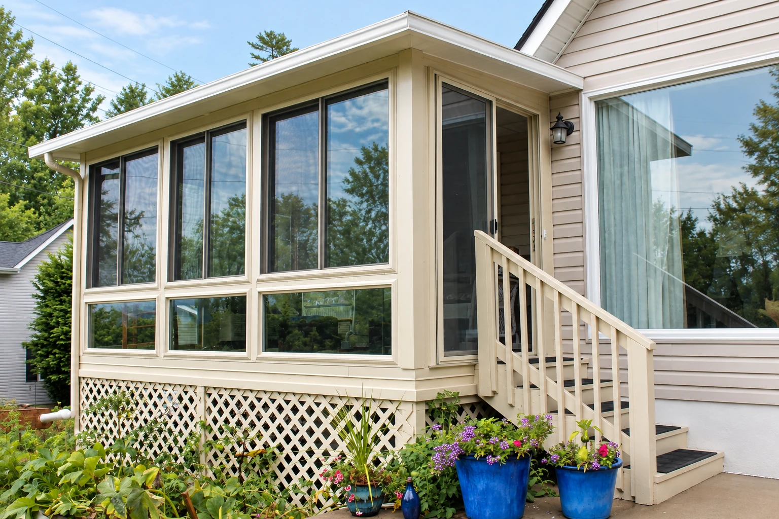 Three-season sunroom with large windows, cream siding, lattice skirting, and steps beside flower pots.