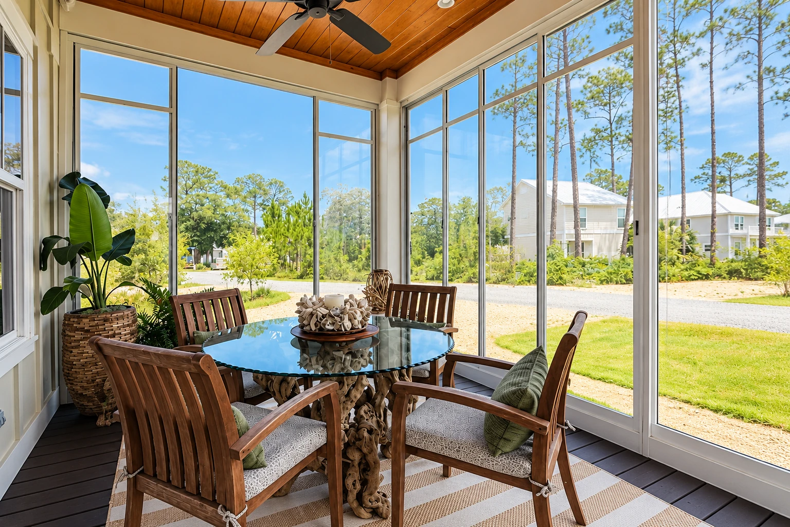 Three-season sunroom with tall windows, a wood-paneled ceiling, and a dining table surrounded by wooden chairs.