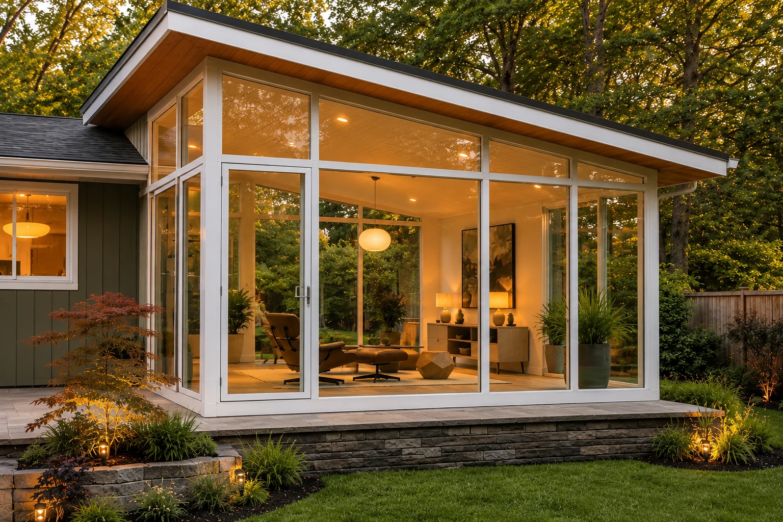 A modern vinyl sunroom with white frames and a sloped roof glows at dusk beside a wooded garden.